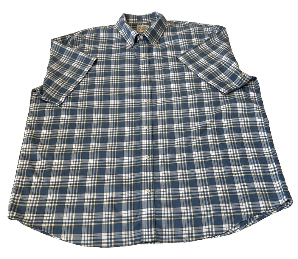 L.L. Bean Men Traditional Fit Button Up Shirt XL Blue Plaid Short Sleeve Cotton